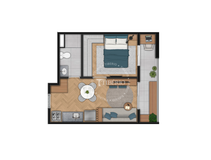 Planta 1 dormitório 32,96 m² do Hub Belém