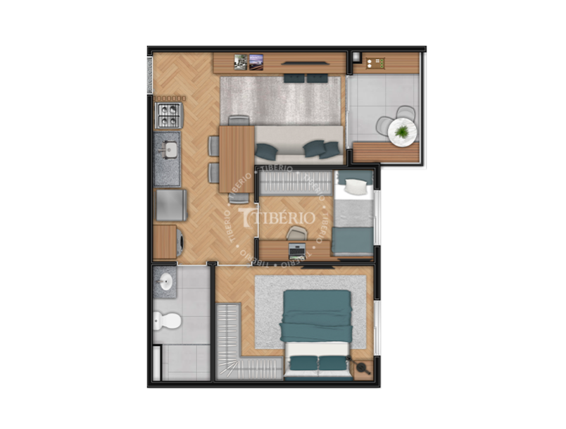 Planta 2 dormitórios 39,79 m² do Hub Belém