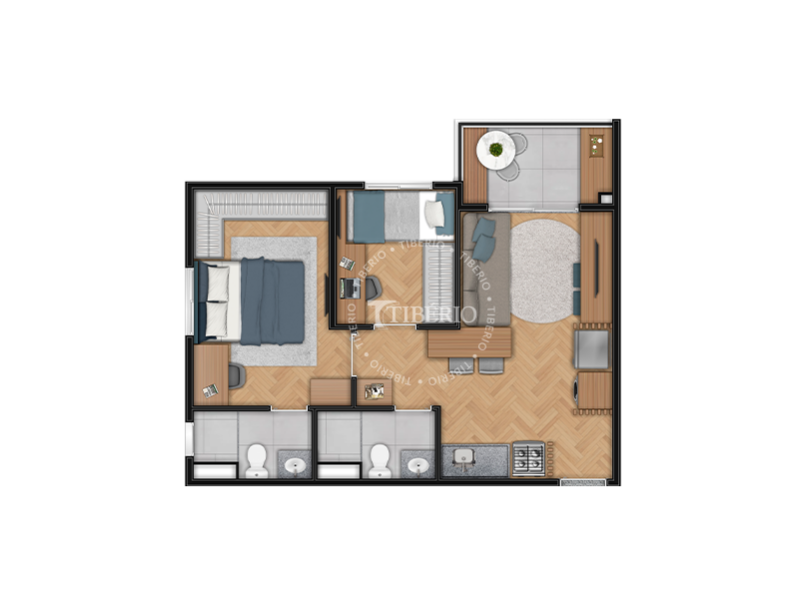 Planta 2 dormitórios com suíte 44,58 m² do Hub Belém