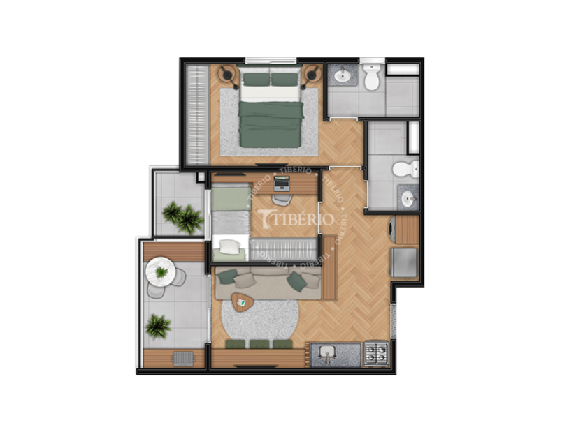 Planta 2 dormitórios com suíte 45,27 m² do Hub Belém