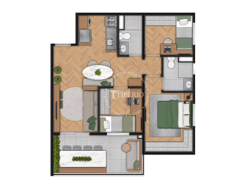 Planta 3 dormitórios com suíte 62,64 m² do Hub Belém