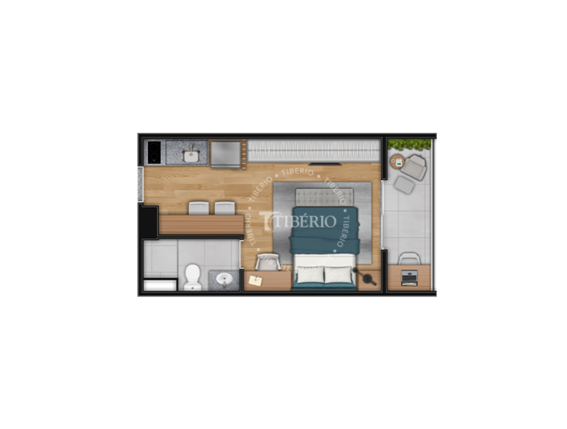 Planta studio 25,08 m² do Hub Belém