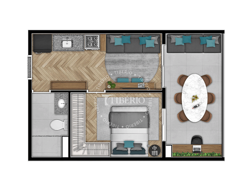 Planta de 1 dormitório 34,69 m² do Max Belém