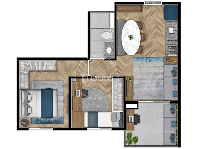Planta de 2 dormitórios 44,51 m² do Max Belém
